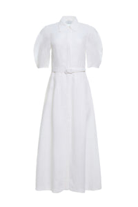 Maude Pleated Midi Shirtdress in White Aloe Linen