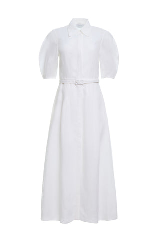 Maude Pleated Midi Shirtdress in White Aloe Linen