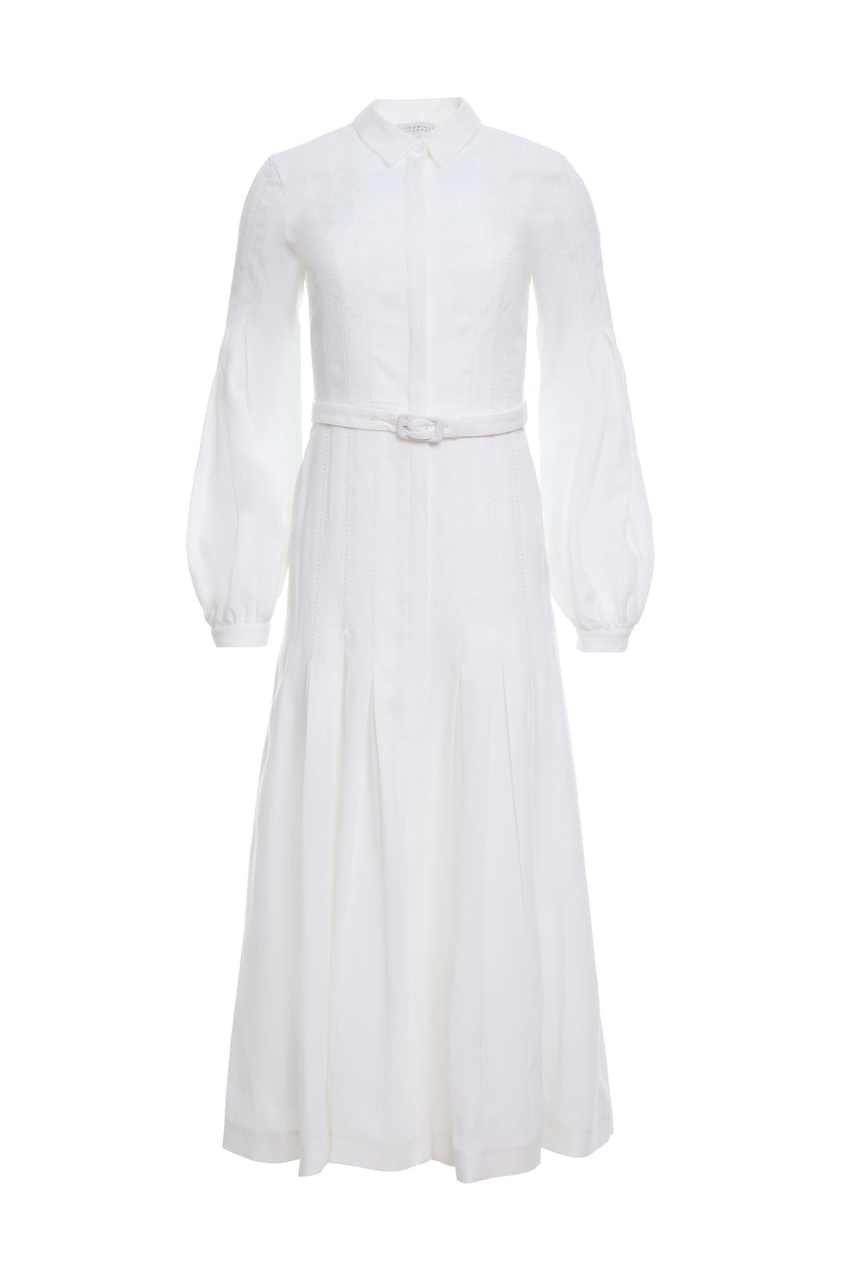 Aleka Pleated Midi Shirtdress in White Aloe Linen