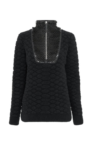 Isha Knit Mock Funnel Neck in Black Nappa Leather Snake Scales & Cashmere