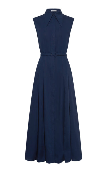 Durand Pleated Maxi Shirtdress in Electric Navy Aloe Linen