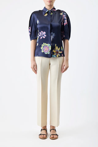 Sansi Top in Dark Navy Multi Printed Silk