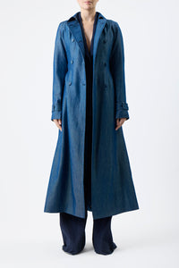 Braden Trench Coat in Deep Fluorite Blue Wool Linen Twill