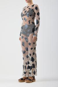 Romeo Crochet Maxi Dress in White Merino Wool with Black Metallic Nappa Leather Patches