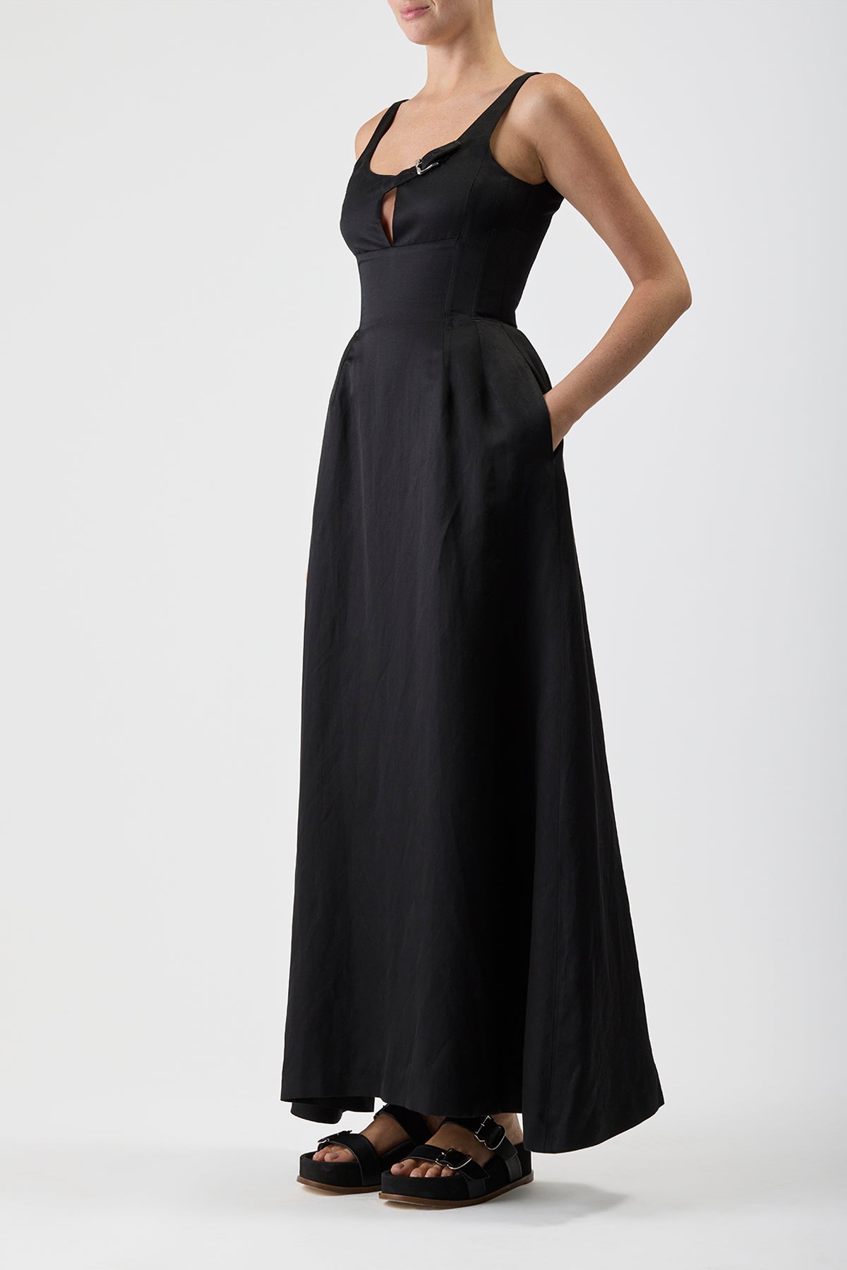 Sven Maxi Dress in Black Silk Linen Satin
