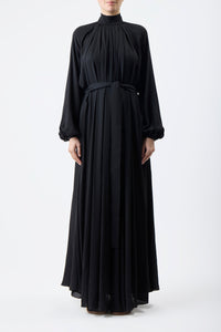Cedric Pleated Maxi Dress in Black Silk Georgette Twill