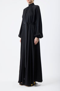 Cedric Pleated Dress in Black Silk Georgette