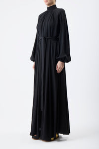 Cedric Pleated Maxi Dress in Black Silk Georgette Twill