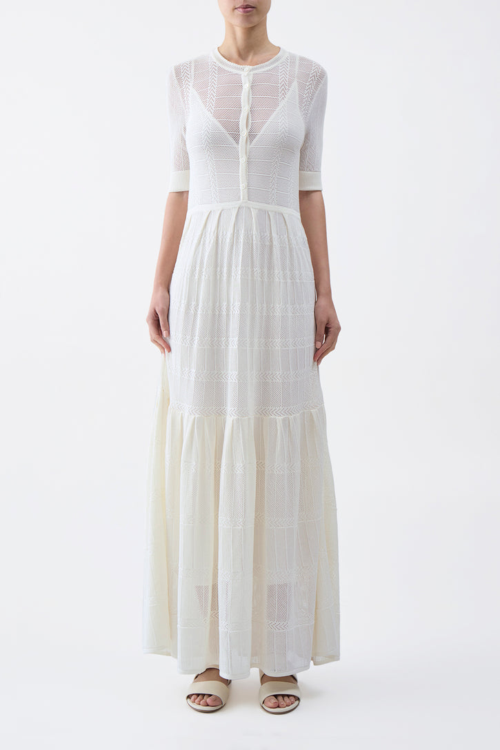 Iris Pointelle Knit Pleated Maxi Dress with Slip in Ivory Cotton Silk
