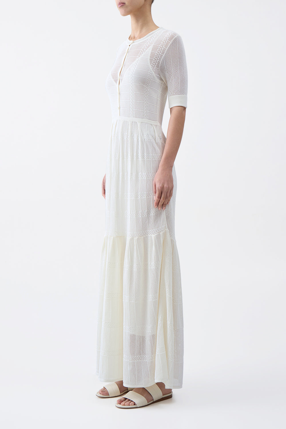Iris Pointelle Knit Pleated Maxi Dress with Slip in Ivory Cotton Silk