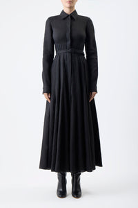 Dewi Pleated Maxi Shirtdress in Black Aloe Linen