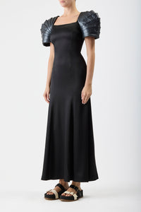 Duchess Maxi Dress in Black Silk Satin with Metallic Nappa Leather Shoulders