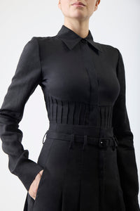 Dugald Pleated Midi Skirt in Black Aloe Linen