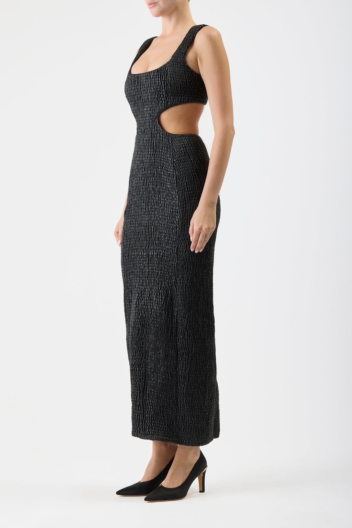 Gal Shirred Maxi Dress with Lining in Black Nappa Leather
