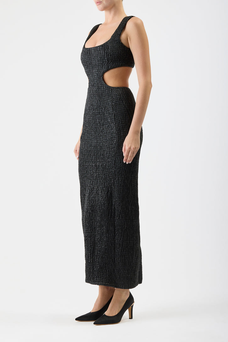 Gal Shirred Maxi Dress with Lining in Black Nappa Leather