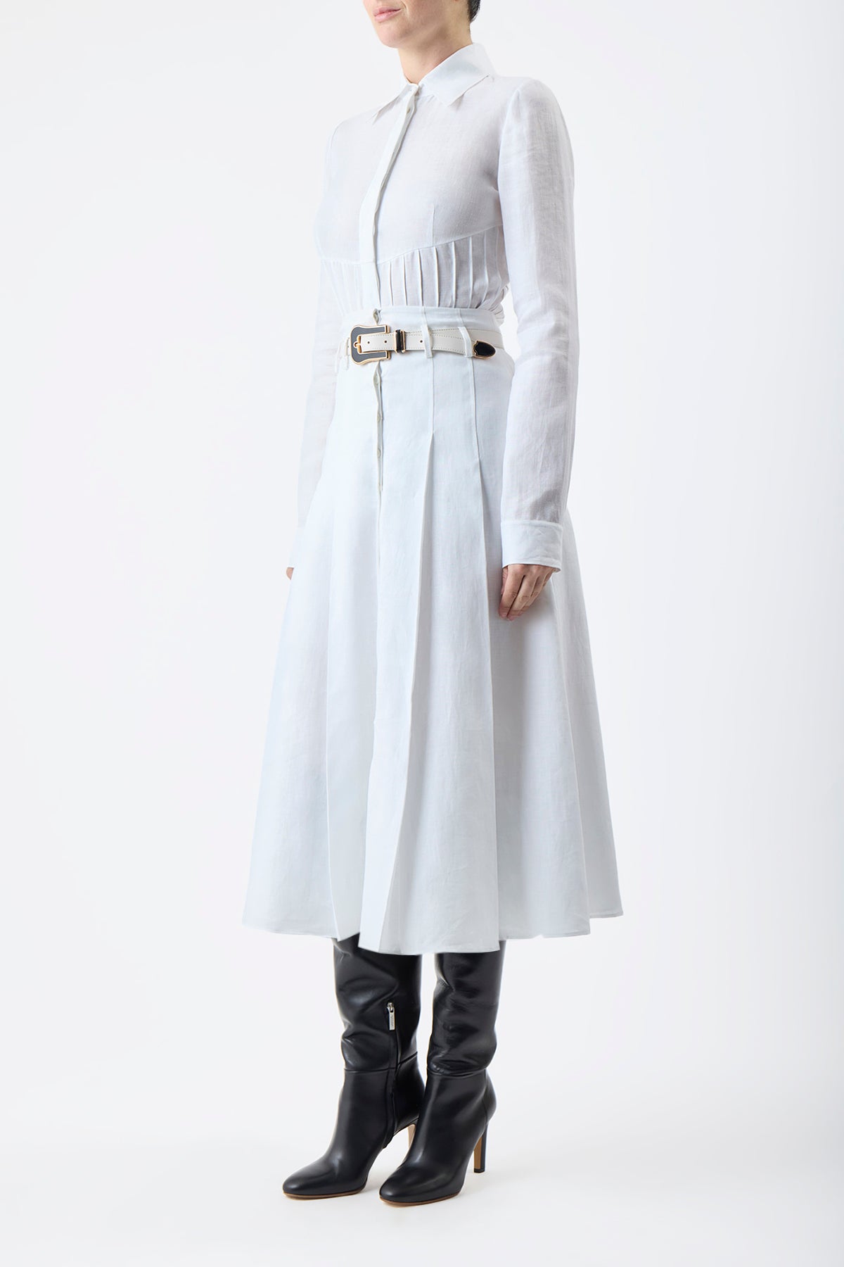 Dugald Pleated Midi Skirt in White Aloe Linen