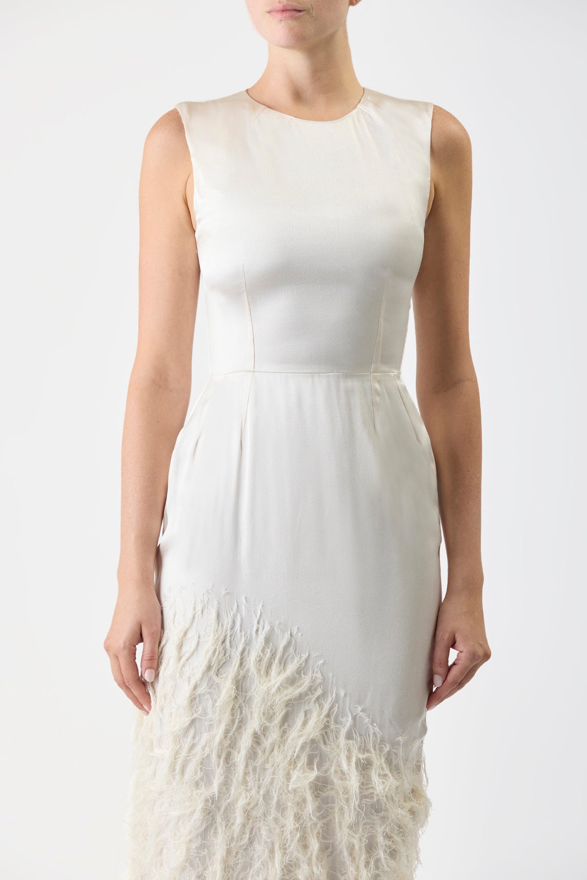 Maslow Feather Dress in Ivory Silk Satin