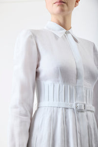 Dewi Pleated Maxi Shirtdress in White Aloe Linen
