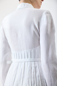 Dewi Pleated Maxi Shirtdress in White Aloe Linen