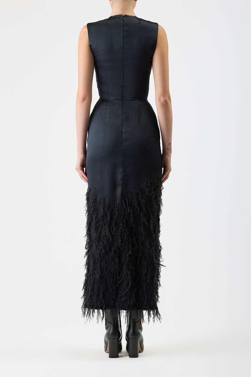Maslow Feather Maxi Dress in Black Silk Satin