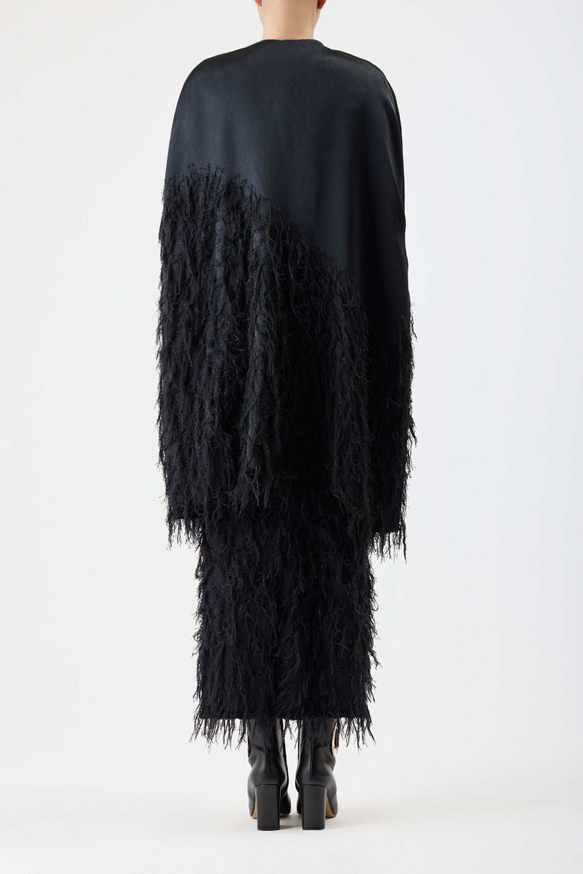 Pauli Feather Cape in Black Silk Satin