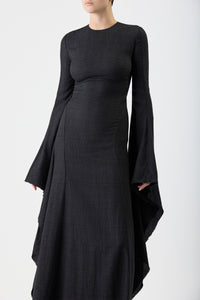 Sigrud Draped Maxi Dress in Black Wool Silk Gauze