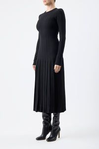 Walsh Knit Pleated Maxi Dress in Black Wool