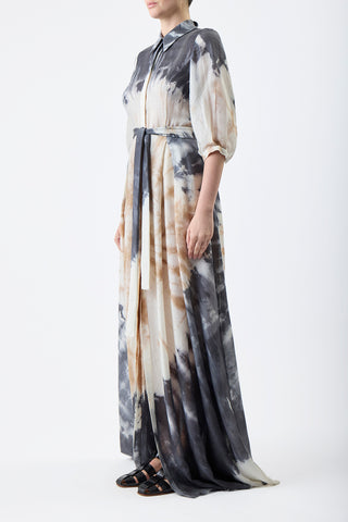 Daisy Pleated Maxi Shirtdress in Camel Multi Tie Dye Cashmere Silk Gauze