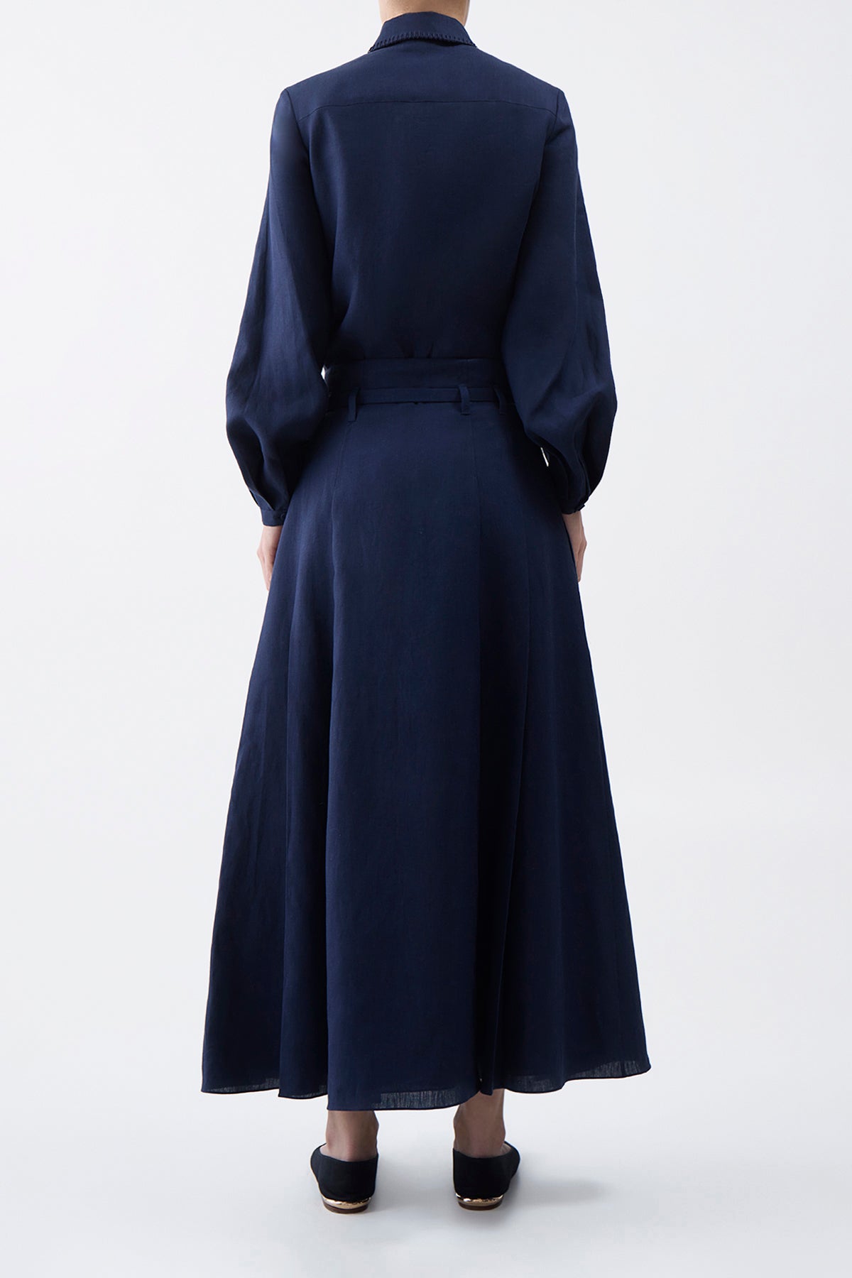 Dugald Pleated Midi Skirt in Navy Aloe Linen