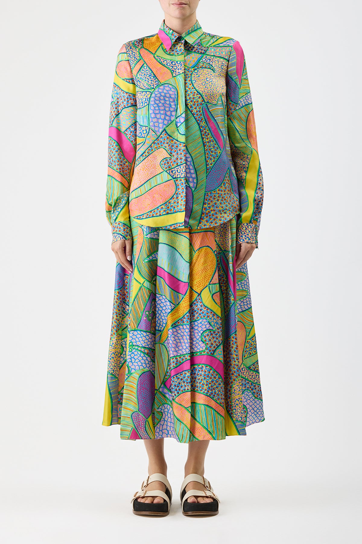 Henri Blouse in Green Multi Printed Silk Twill