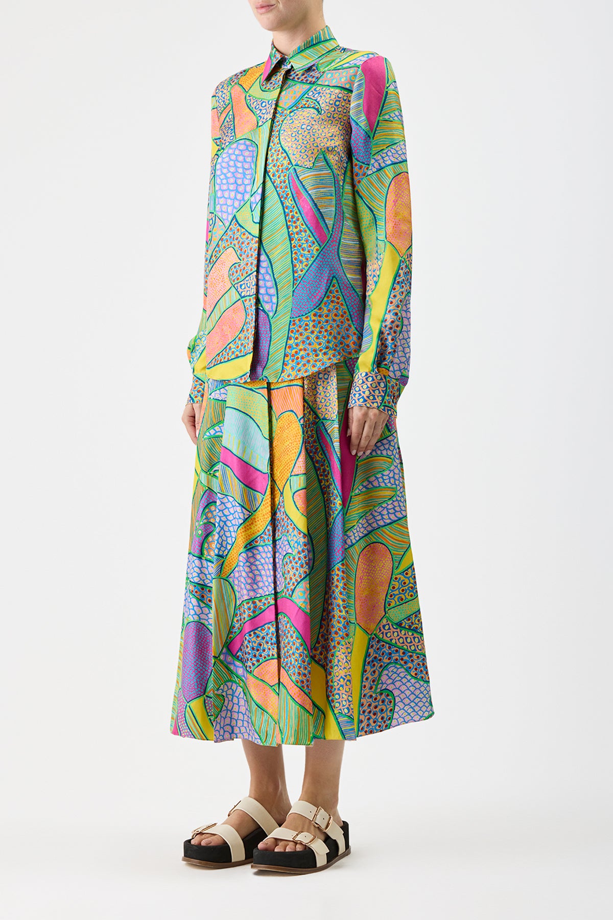 Henri Blouse in Green Multi Printed Silk Twill