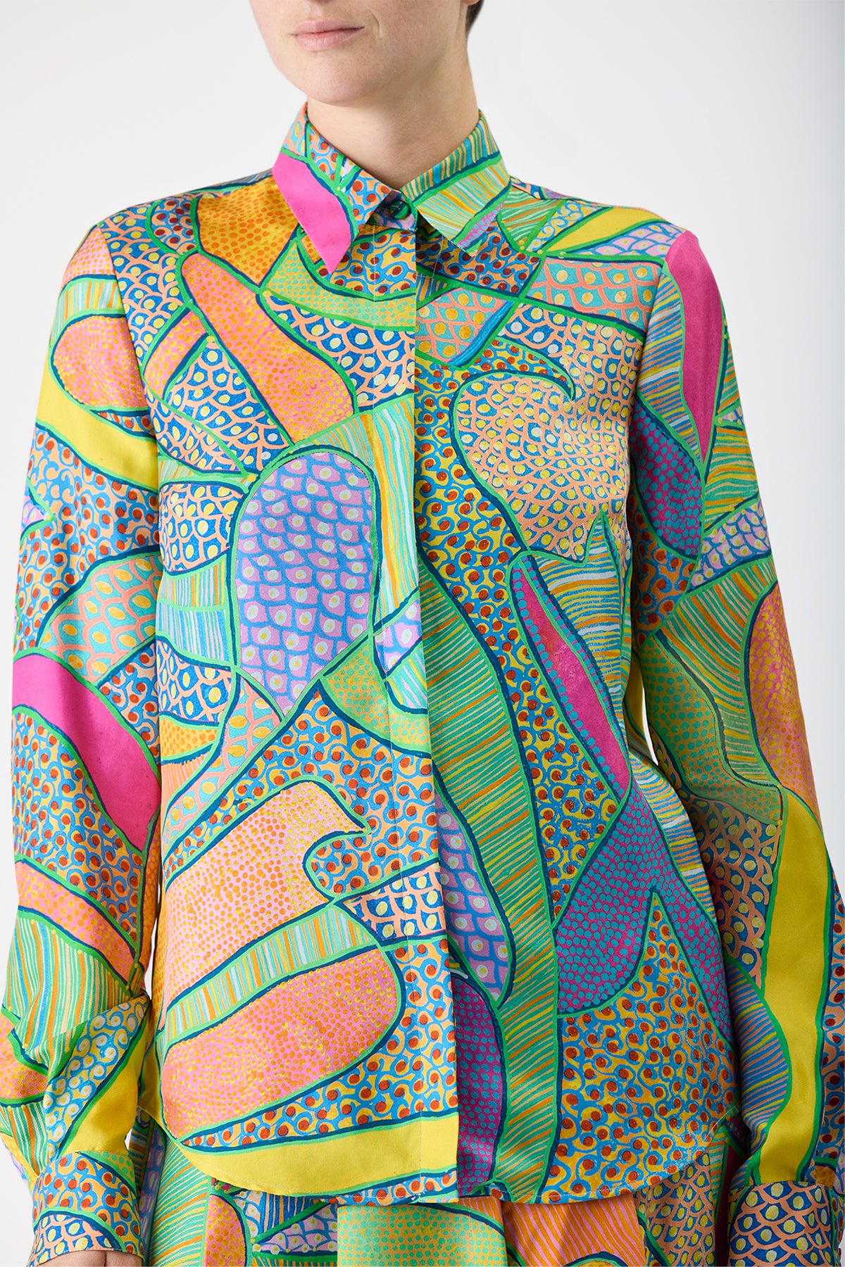 Henri Blouse in Green Multi Printed Silk Twill