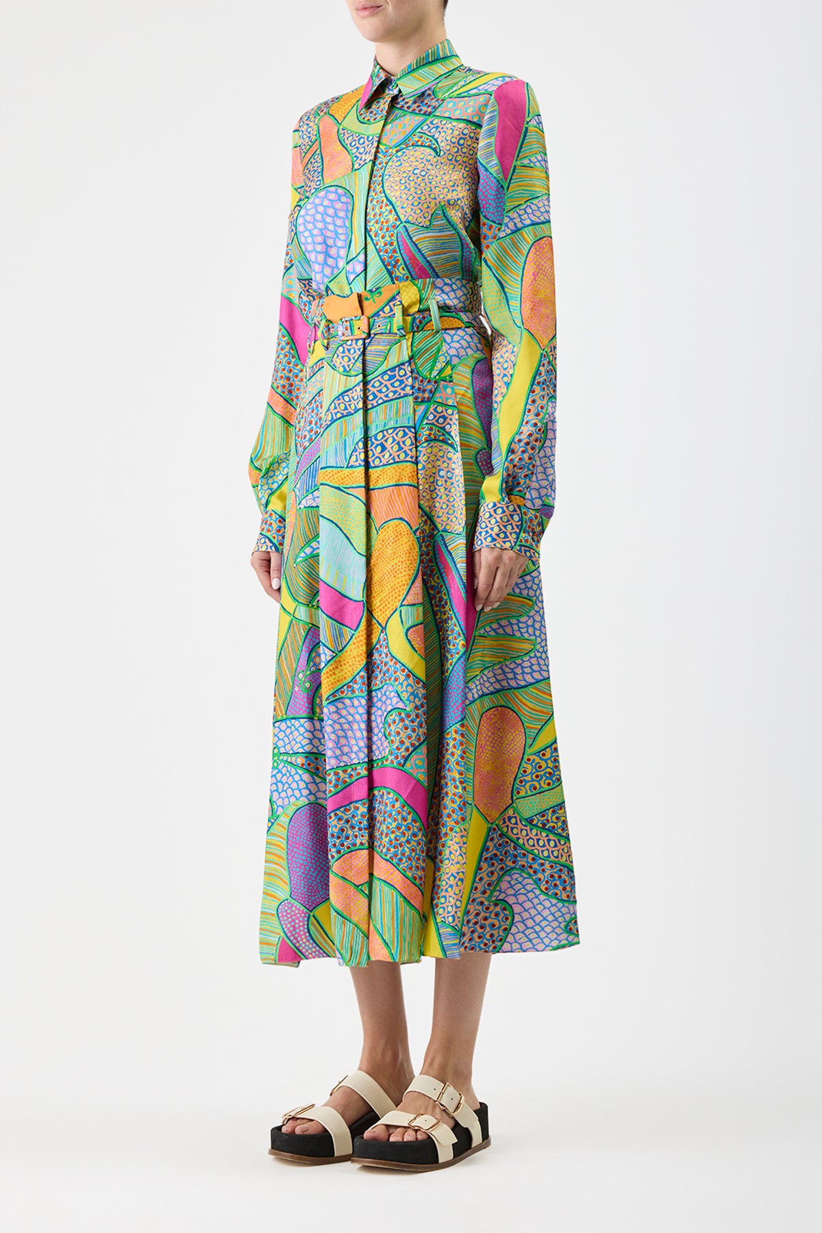 Dugald Pleated Midi Skirt in Green Multi Printed Silk Twill