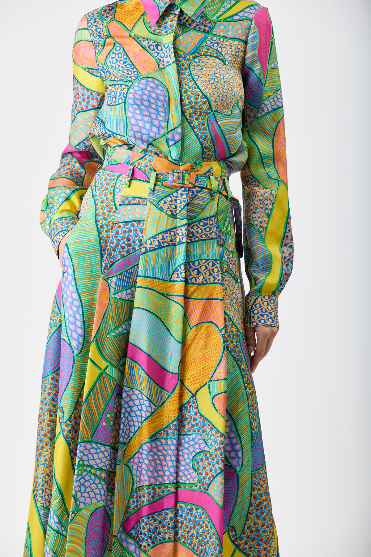 Dugald Pleated Midi Skirt in Green Multi Printed Silk Twill