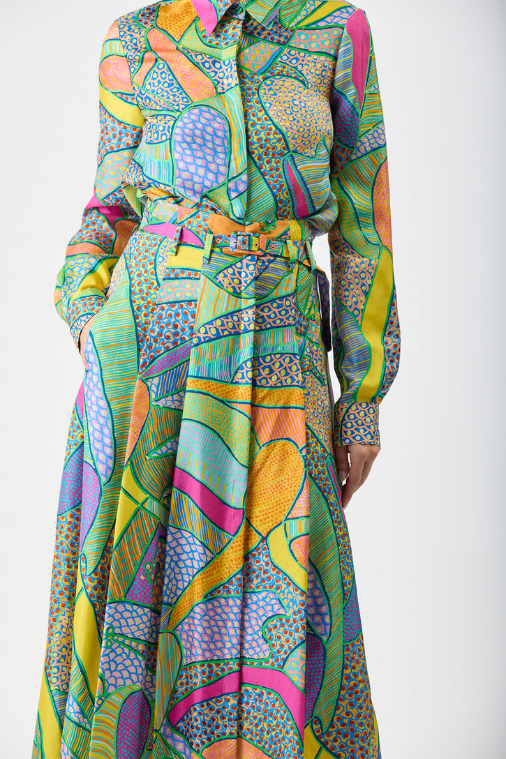 Dugald Pleated Midi Skirt in Green Multi Printed Silk Twill