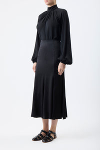 Ricky Midi Skirt in Black Silk Satin