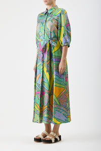Andy Pleated Maxi Shirtdress in Green Multi Printed Silk Twill