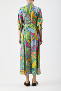 Andy Pleated Maxi Shirtdress in Green Multi Printed Silk Twill