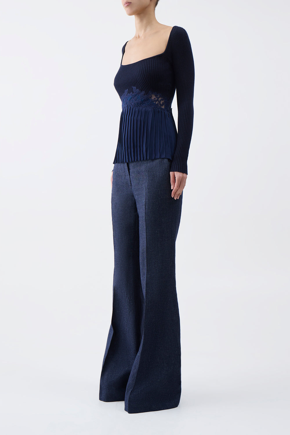 Fini Lace Top in Navy Silk Crepe