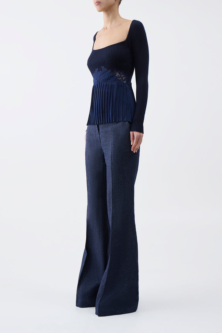 Fini Lace Top in Navy Silk Crepe
