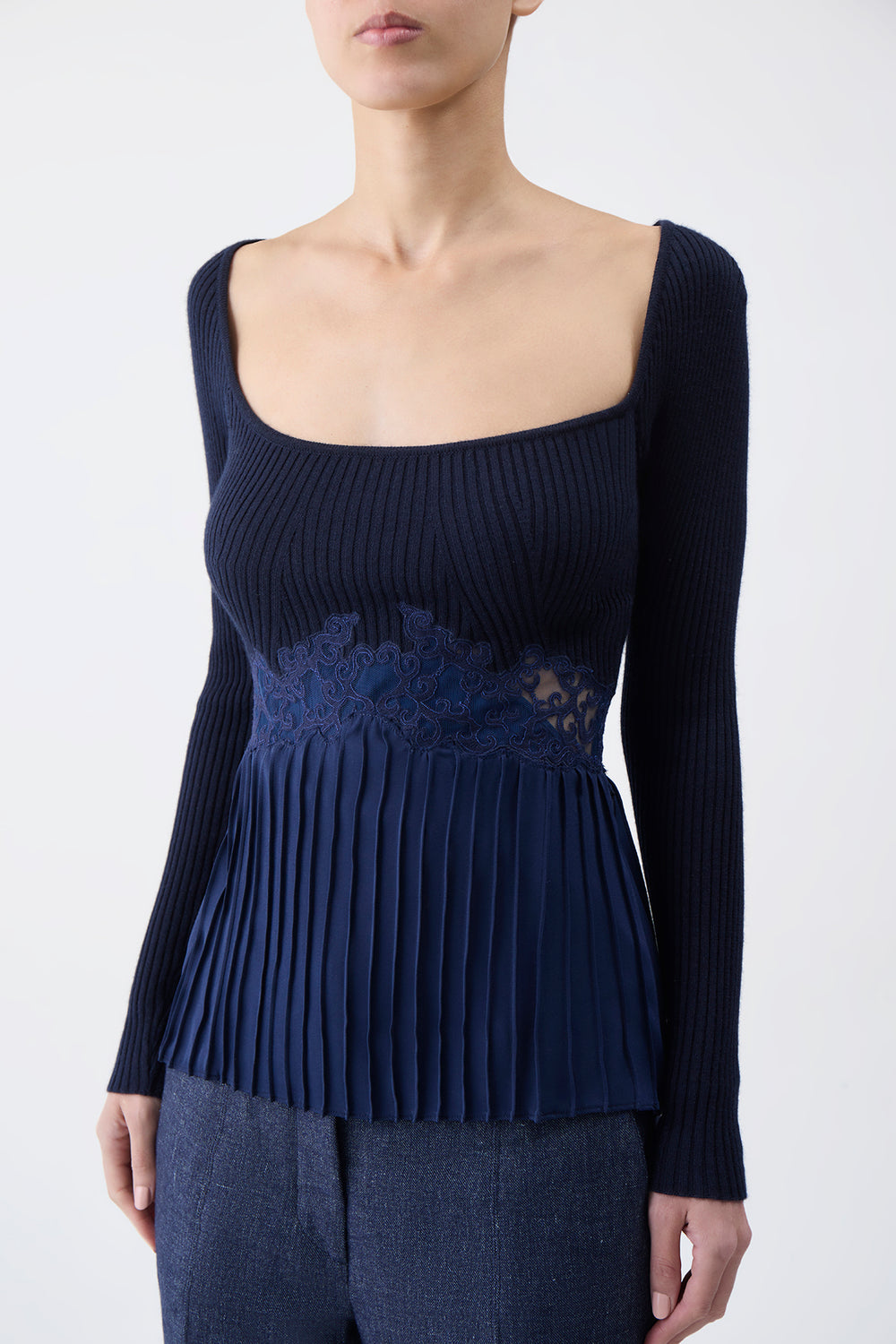 Fini Lace Top in Navy Silk Crepe