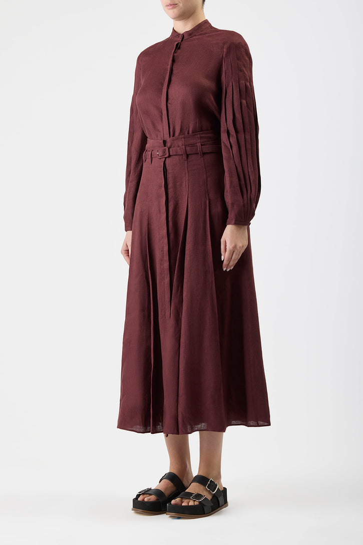 Dugald Pleated Midi Skirt in Deep Bordeaux Linen