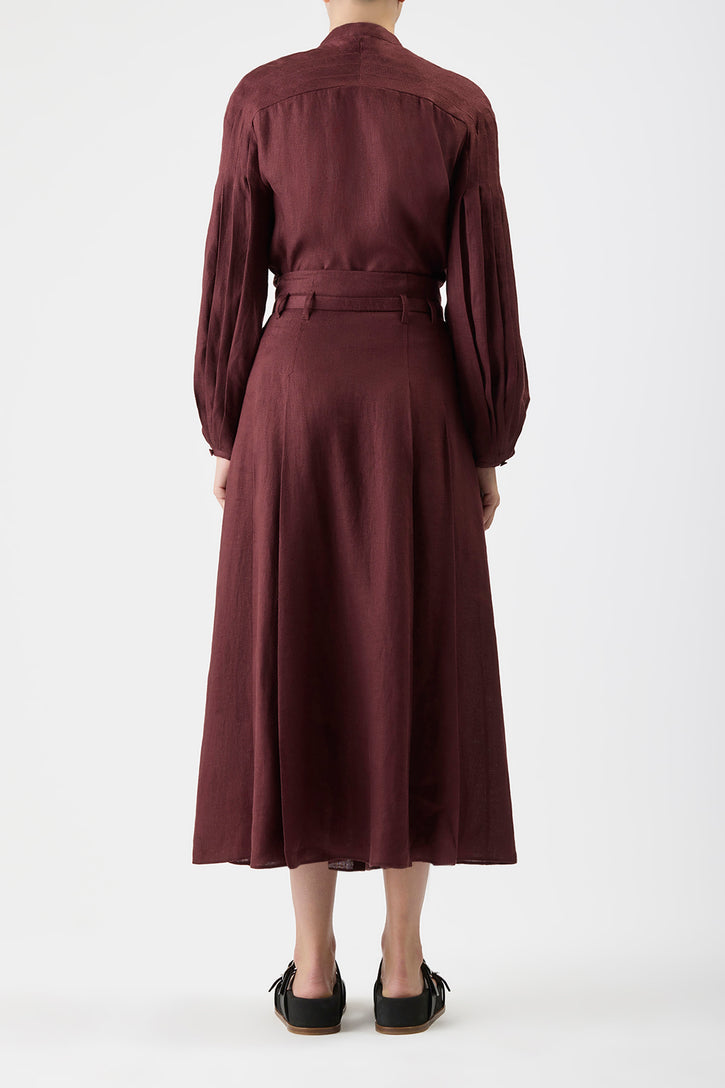 Dugald Pleated Midi Skirt in Deep Bordeaux Linen