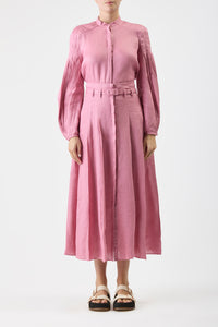 Dugald Pleated Midi Skirt in Rose Quartz Linen