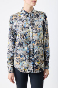 ブルーマルチプリントシルクツイルのアンリブラウス