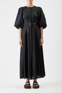 Elea Pleated Maxi Dress in Black Aloe Linen