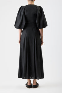 Elea Pleated Maxi Dress in Black Aloe Linen