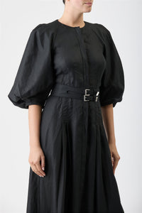 Elea Pleated Maxi Dress in Black Aloe Linen