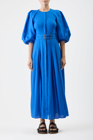 Elea Pleated Maxi Dress in Sapphire Aloe Linen
