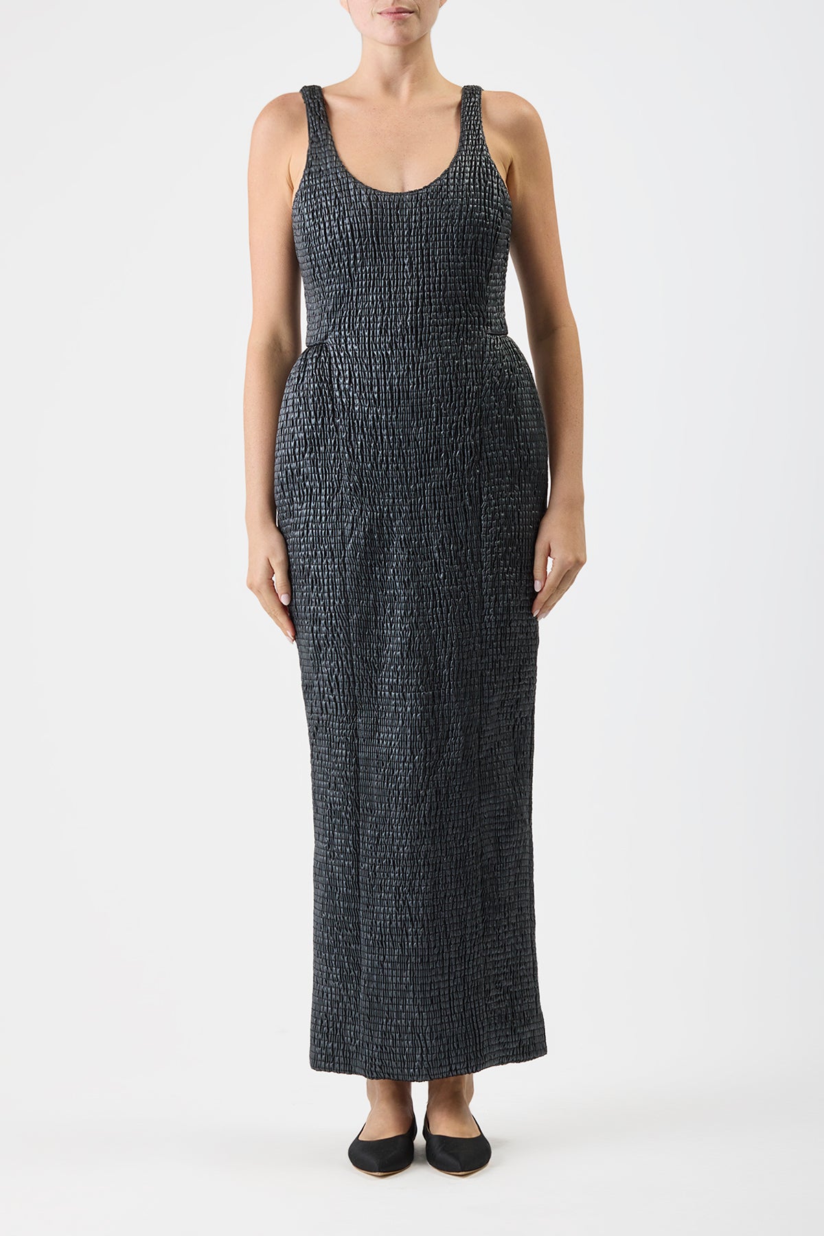 Girard Shirred Maxi Dress with Lining in Black Pearlized Nappa Leather